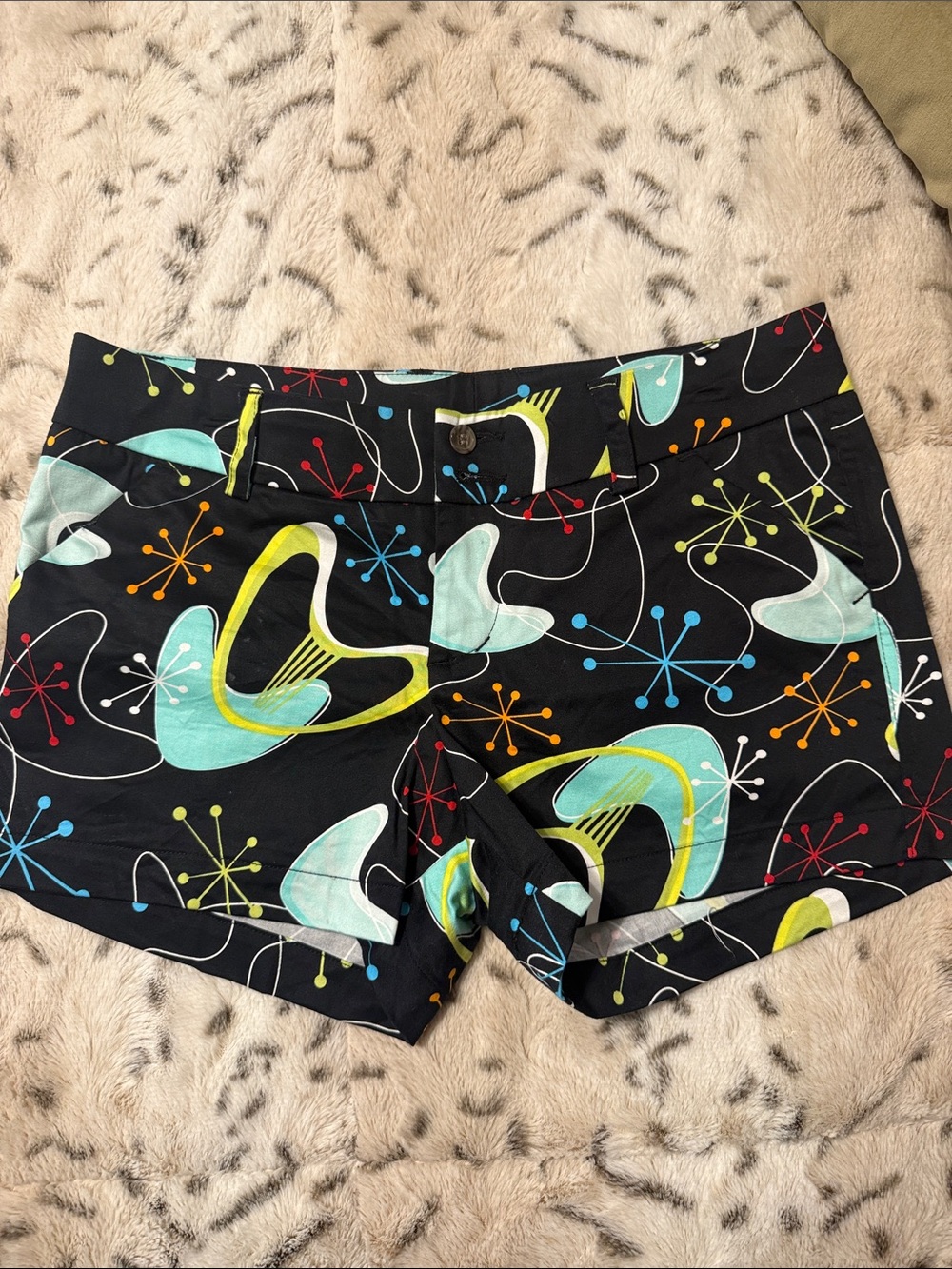Loudmouth Black Retro Atomic Print Jean Shorts with Aqua & Yellow Accents